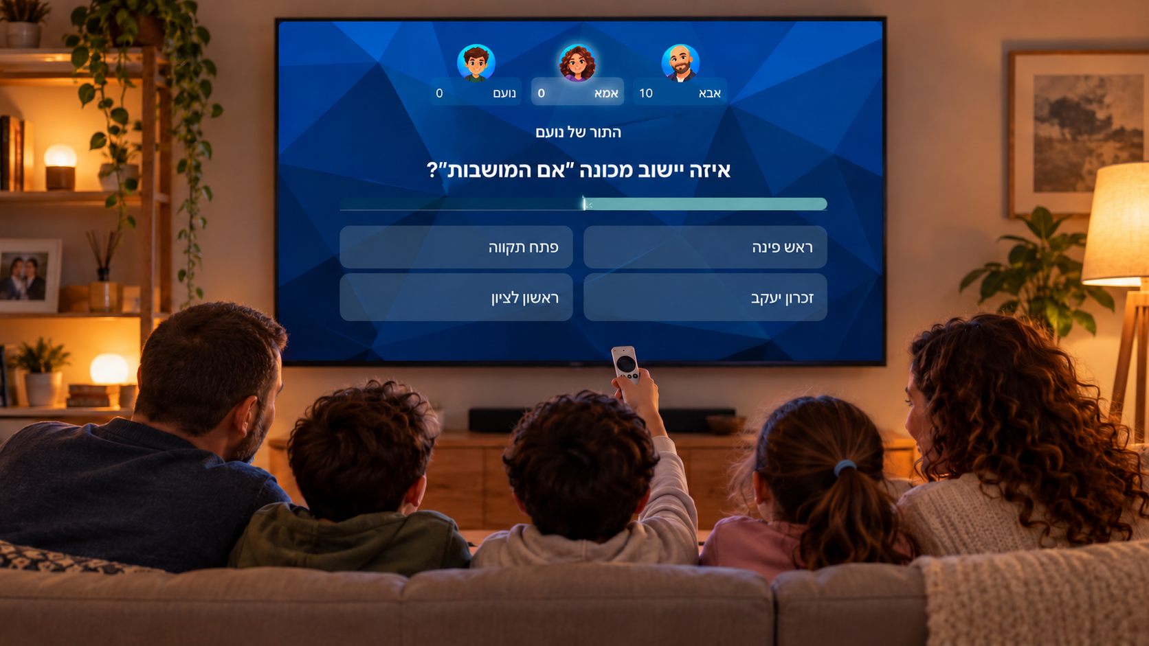 A family playing Mi Yodea? together on their living-room TV