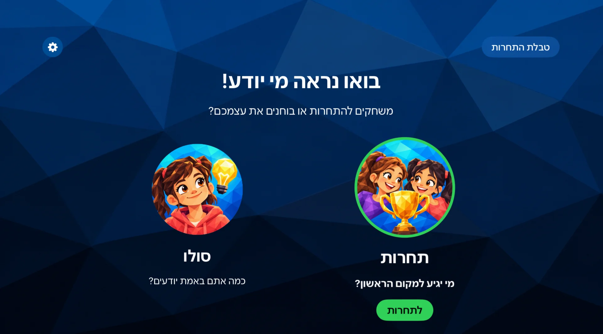 Mi Yodea? mode selection: compete with friends or play solo. Game interface shown in Hebrew.